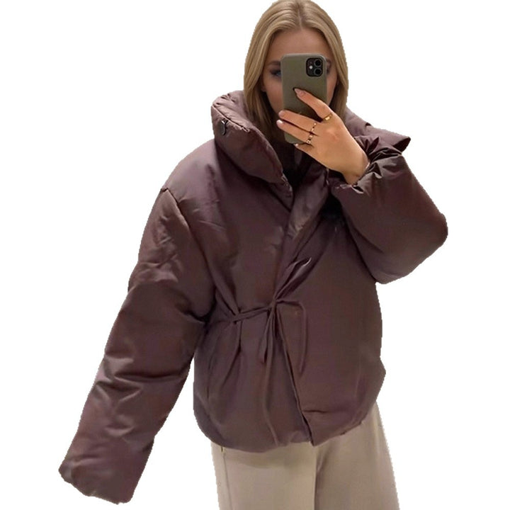 Women Short Padded Oversized Puffer Jacket with Hood and Tie Belt Mune Fashion