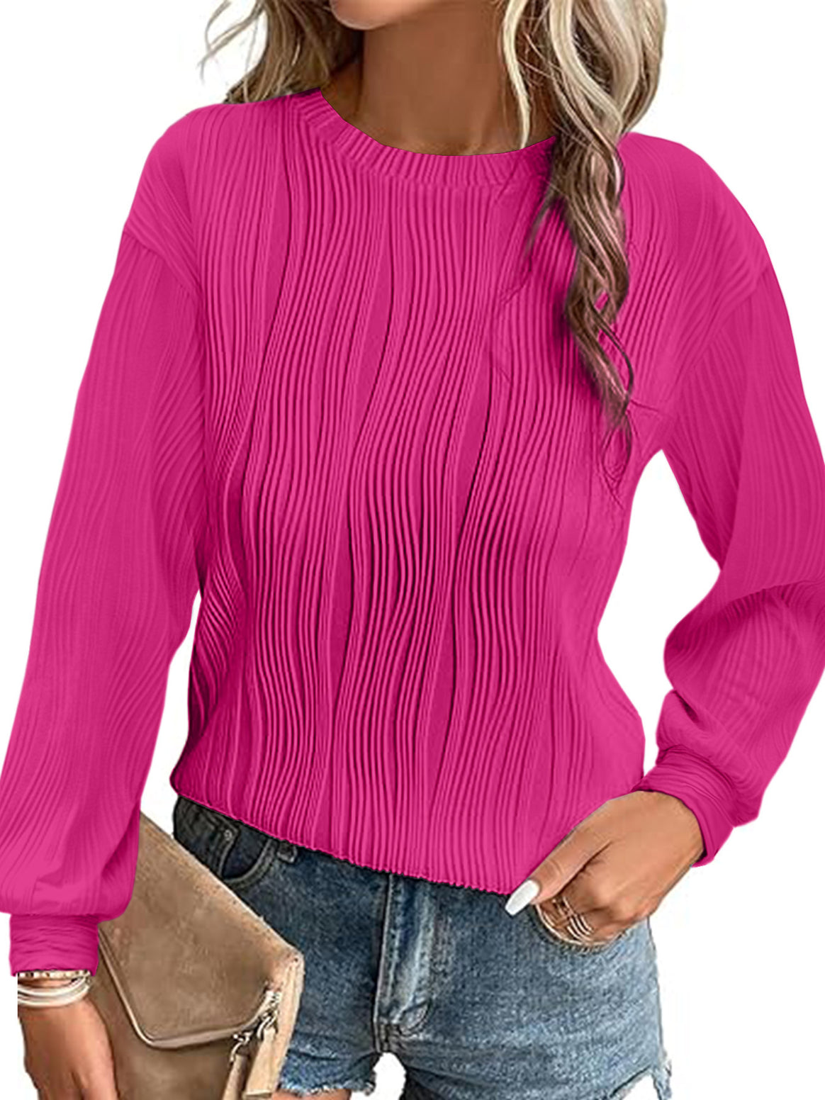 Women Pleated Fine Knit Long Sleeve with Round Neck Mune Fashion