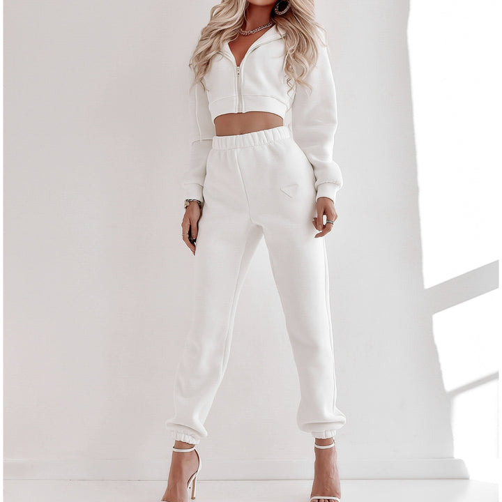 Women's Cropped Hoodie Jacket and High-Waist Jogging Pants Set made of French Terry with Elastic Waistband Mune Fashion