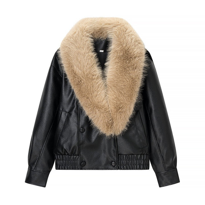 Women's bomber jacket made of leather look with voluminous fur collar Mune Fashion