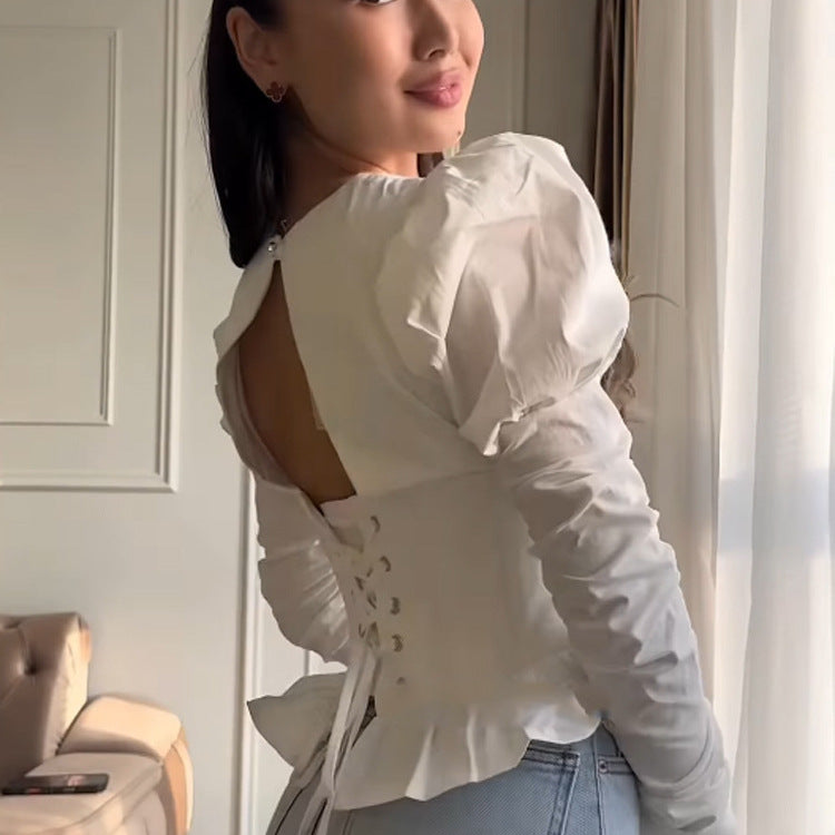 Women Corset-Top with Waist Contour, Puff Sleeves and Square Neckline Mune Fashion