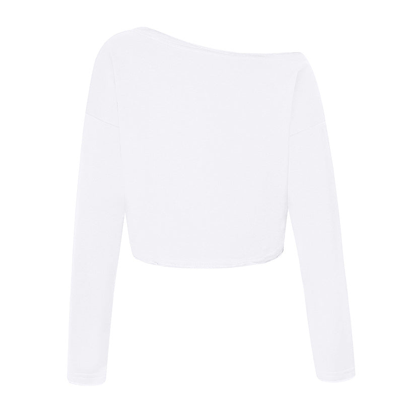 Women's cropped long sleeve shirt with wide boat neckline and dropped shoulders Mune Fashion