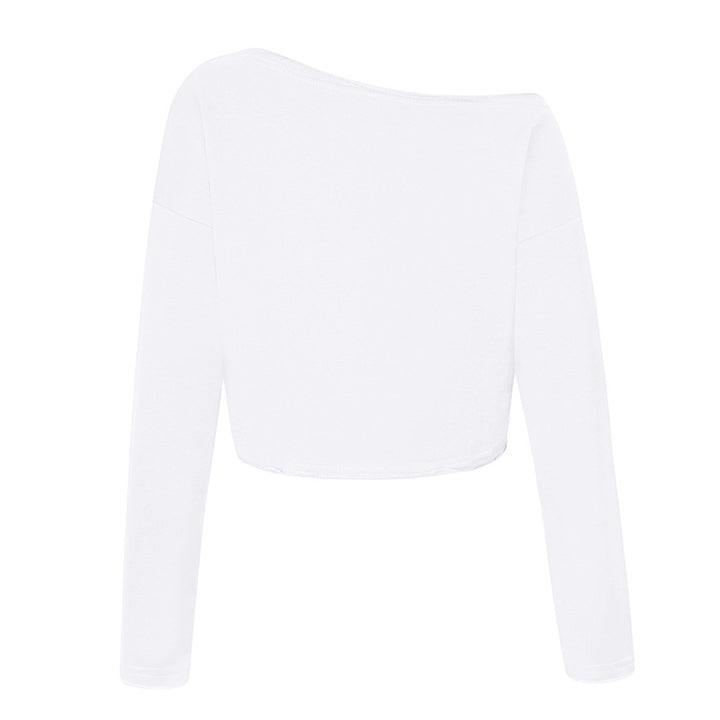 Women's cropped long sleeve shirt with wide boat neckline and dropped shoulders Mune Fashion
