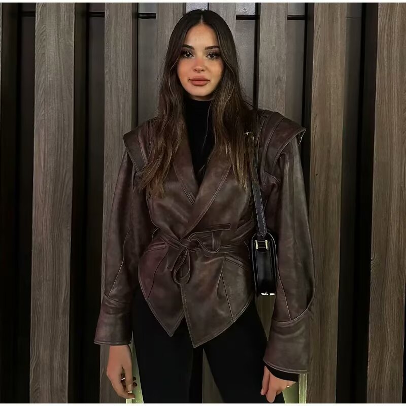 Women Tailored Wrap Leather Blazer with Emphasized Shoulder Puffers and Ties Belt Mune Fashion