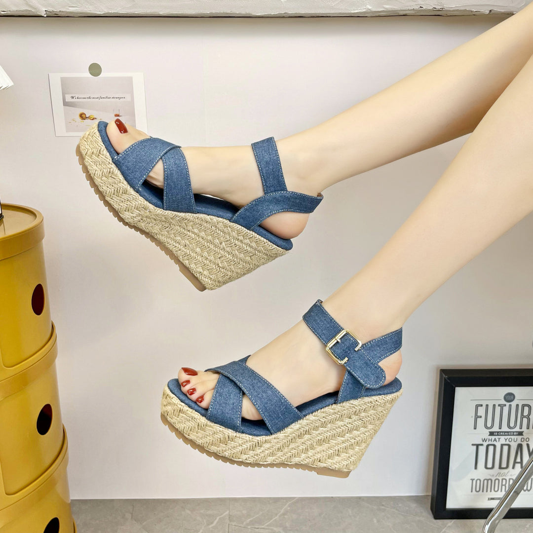 Ladies nan Wedge Espadrille Sandal with braided jute platform, crossed textile straps and adjustable metal buckle Mune Fashion