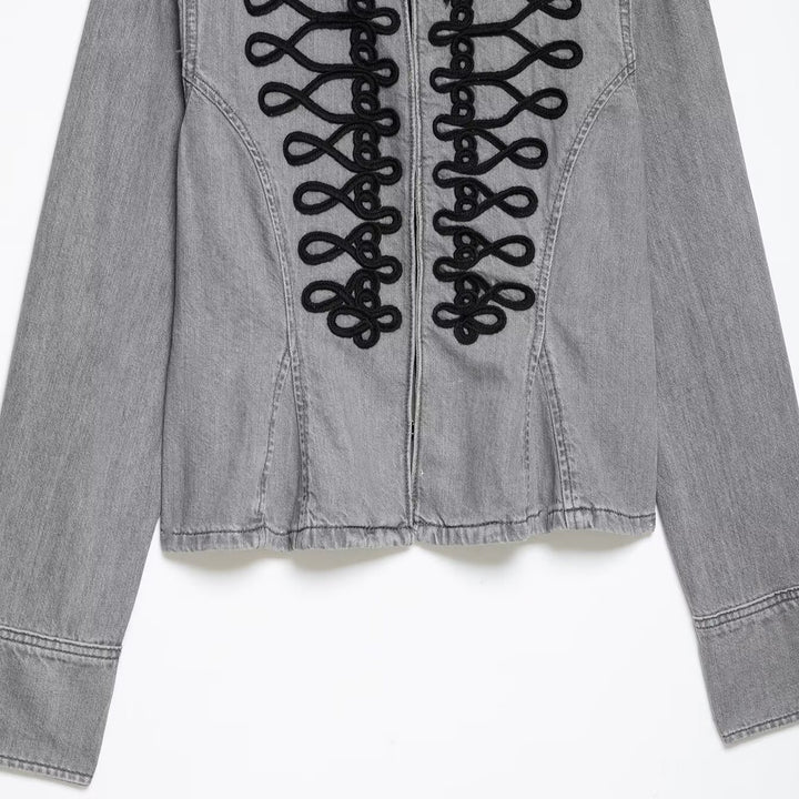 Ladies' denim jacket with military cord application and stand-up collar Mune Fashion