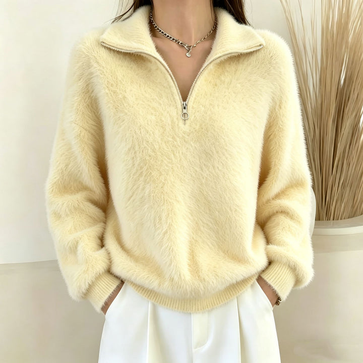 Women's Fluffy Half-Zip Sweater with Stand-Up Collar Mune Fashion