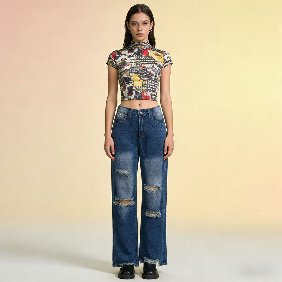Women's high-cut relaxed jeans with wide leg, knee rips, and raw hem Mune Fashion