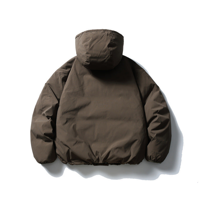 Unisex Boxy padded hoodie jacket with drawstring, snap button placket, and arm pocket Mune Fashion