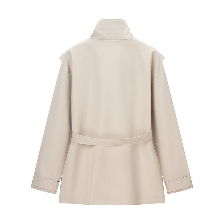 Women's Short Tailored Rain Jacket with Cape Shoulder Detail and Ties Belt Mune Fashion