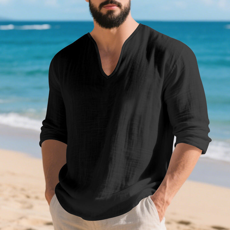 Men's lightweight linen V-neck shirt with a loose fit and roll-up sleeves Mune Fashion