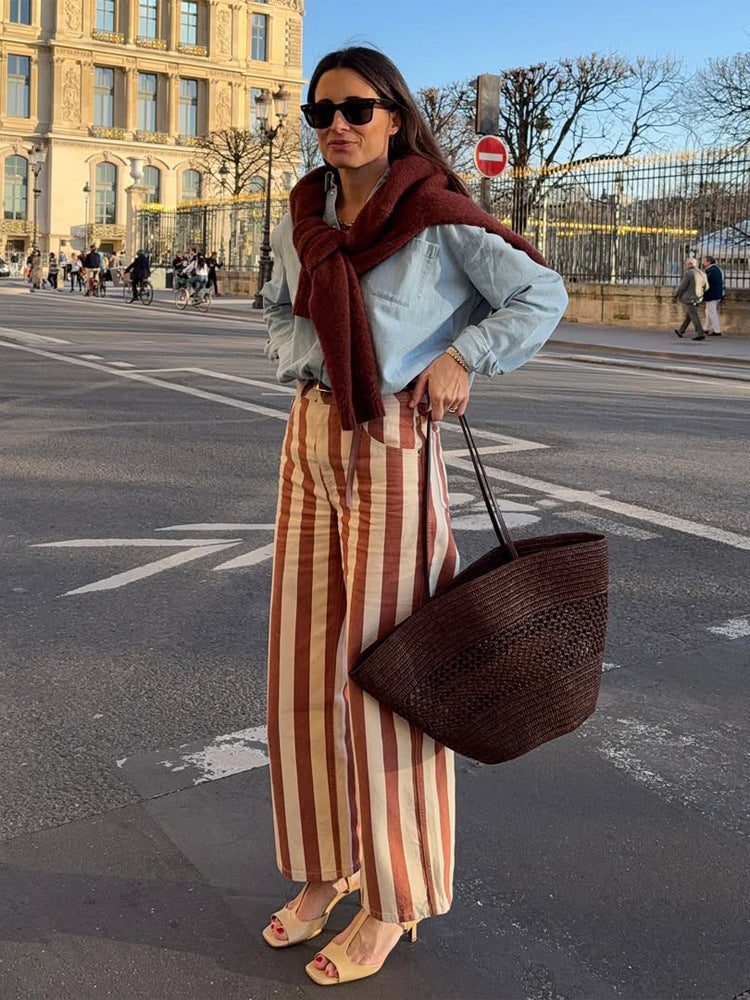 Women's Striped High-Waist Linen Pants with Wide Leg Mune Fashion