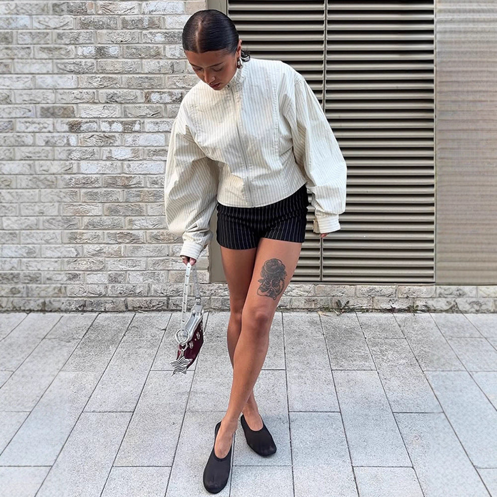 Women Short fitted bomber jacket with stand-up collar and fine pinstripe texture Mune Fashion