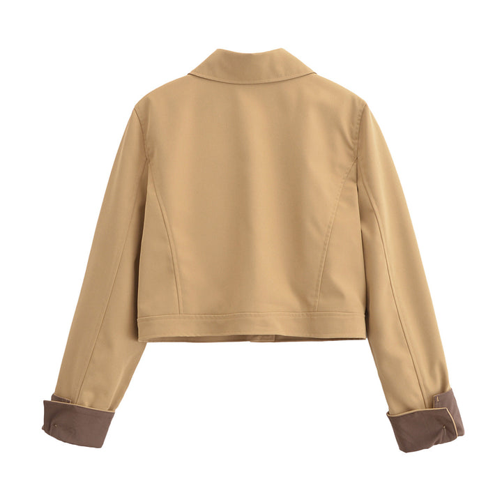 Women's Cropped Utility Jacket with Shirt Collar, Contrasting Turn-Up Cuffs and Continuous Button Placket Mune Fashion