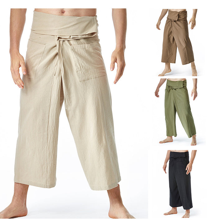 Men's loosely fitted linen harem pants with high foldover waistband and patch pockets Mune Fashion