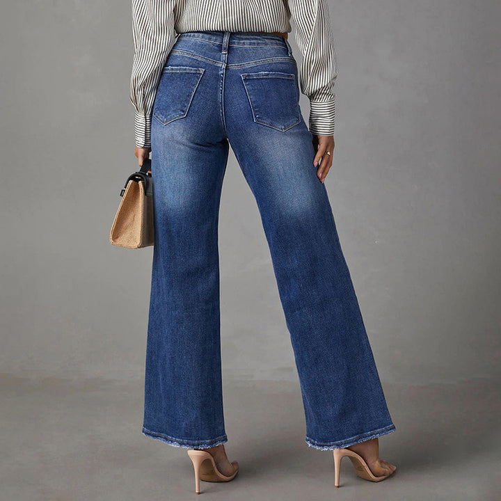 Women High-Waist Denim Flared Pants with Wide Leg and Light Vintage Wash Mune Fashion