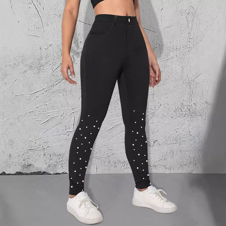 Women's High-Waist Stretch-Jeggings in Denim Look with Pearl Scatter Mune Fashion