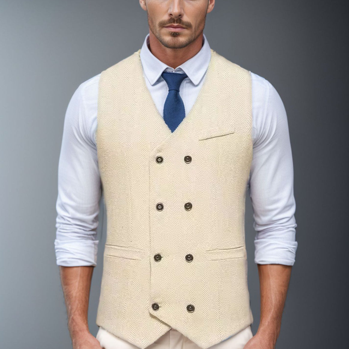 Men's Double-Breasted Herringbone Vest with Suit Look and V-Neck Mune Fashion