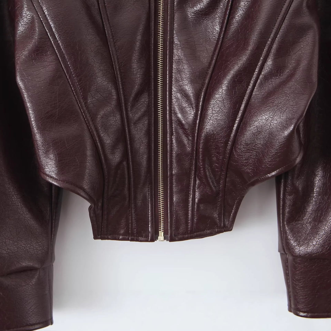 Women's cropped leather jacket with fitted corset look, shoulder epaulets and zipper Mune Fashion