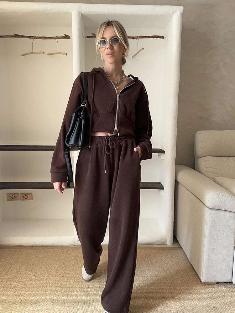 Women's Short Zip Hoodie with Drawstring Waist and Wide Palazzo Jogging Pants Mune Fashion