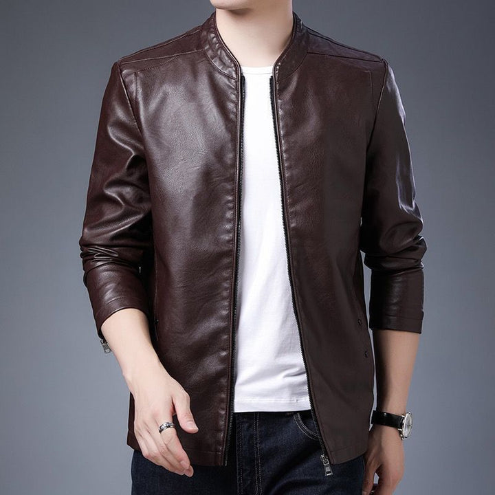 Men's Slim Fit Faux Leather Blouson with Stand Collar and Concealed Zipper Mune Fashion