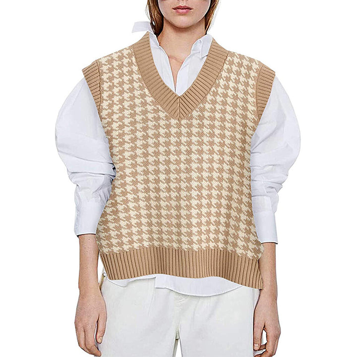 Women’s knit vest with houndstooth pattern, V-neck and ribbed hem Mune Fashion