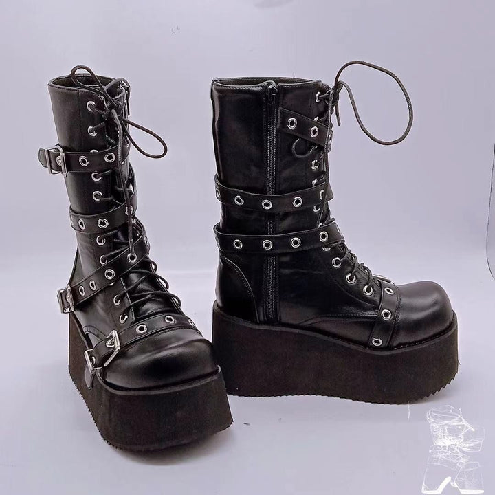 Women's platform combat boots with buckles, eyelets, lacing, and side zipper Mune Fashion