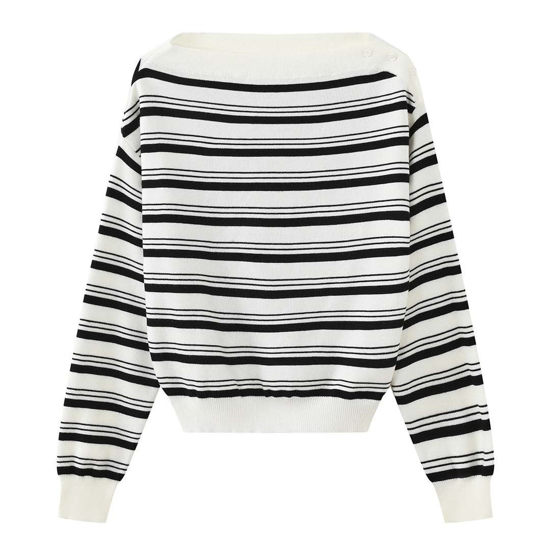 Ladies fine knit sweater with asymmetric boat neckline and fine block stripes Mune Fashion