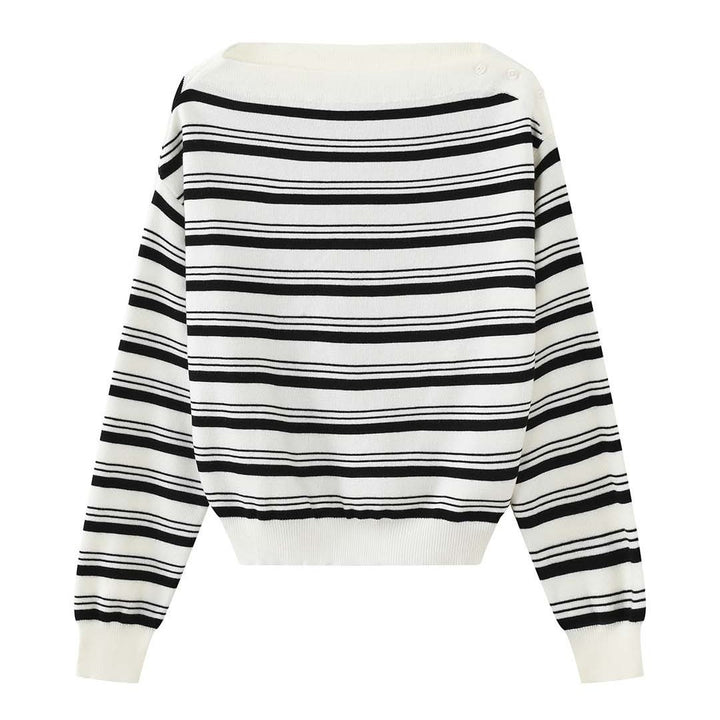 Ladies fine knit sweater with asymmetric boat neckline and fine block stripes Mune Fashion