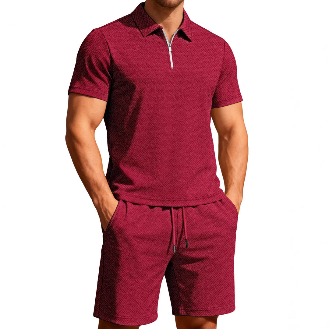 Men's comfortable lounge two-piece set made of structured cotton blend with half-zip polo shirt and drawstring shorts Mune Fashion