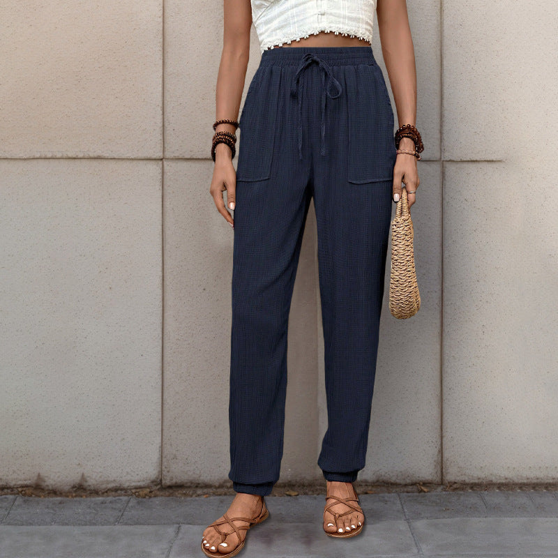 Women Comfortable Casual Pants with Elastic Waistband and Pockets Mune Fashion