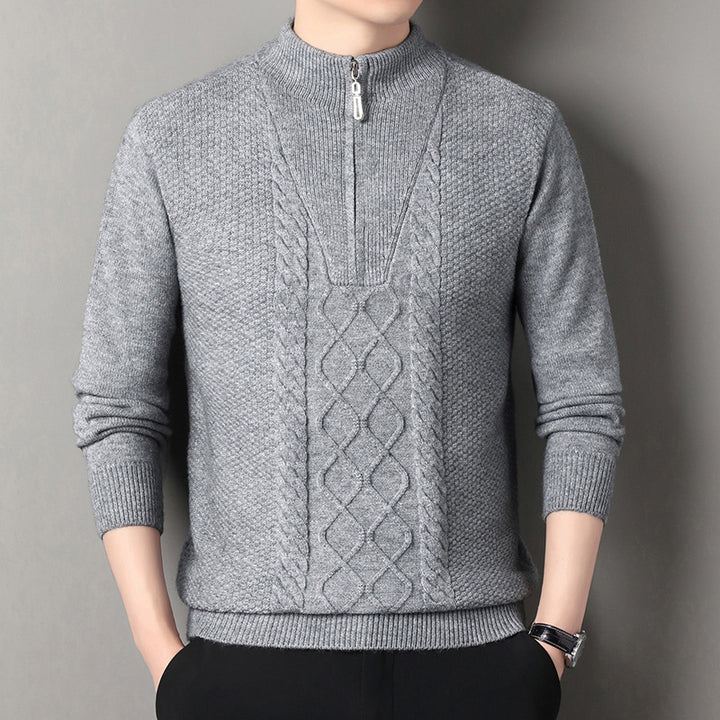 Men's fine knit half zip pullover with cable structure and stand-up collar Mune Fashion