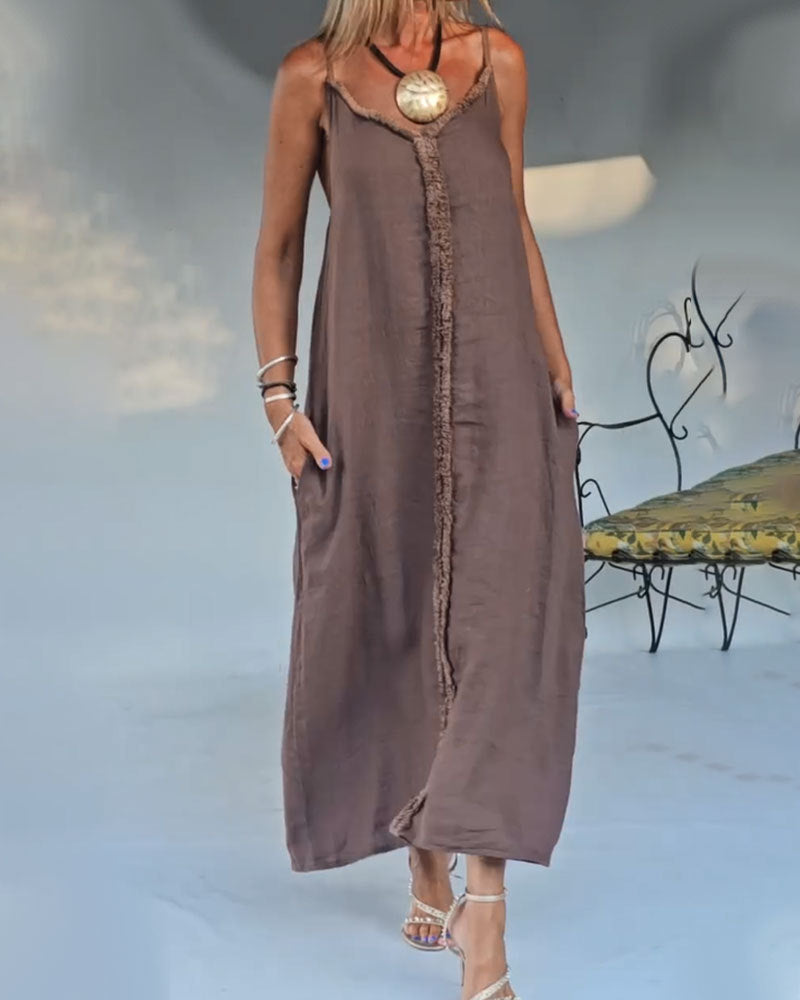 Women's airy linen-look maxi strap dress with fringed center seam and inset pockets Mune Fashion