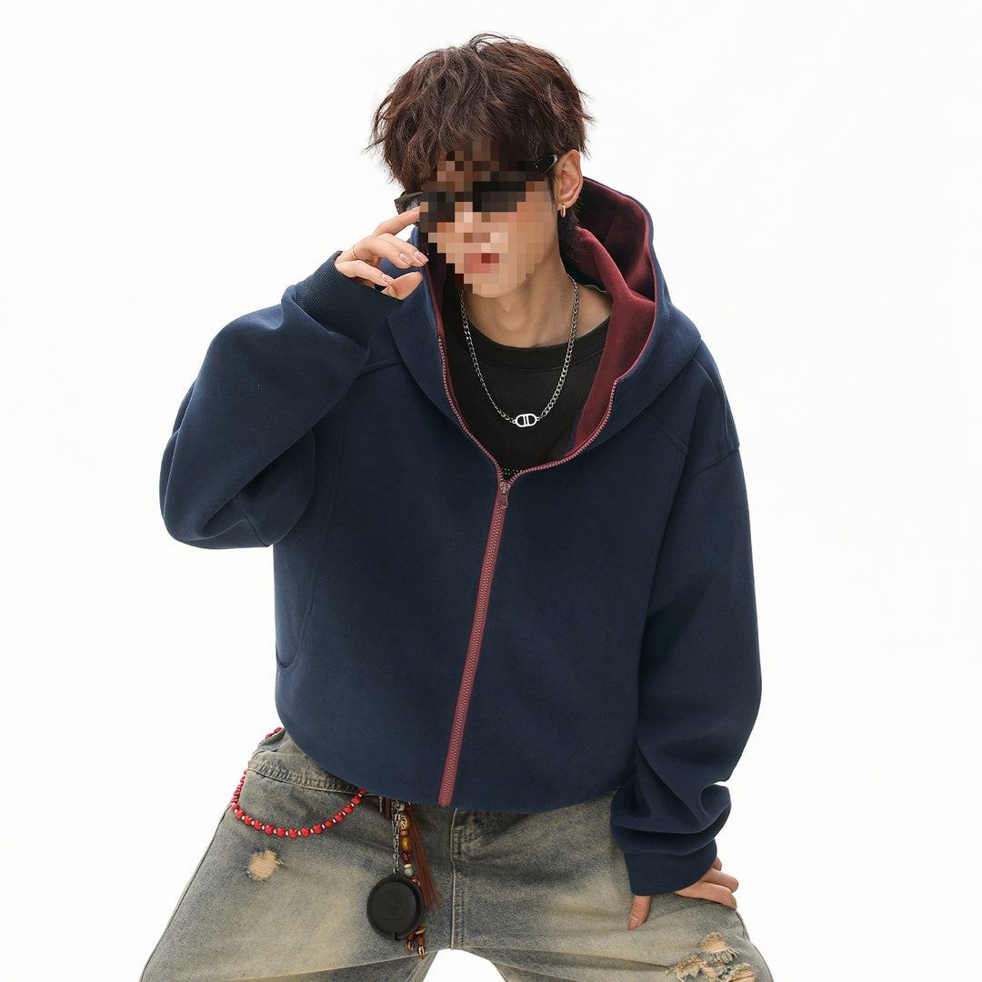 Men's Boxy Short Hooded Jacket with Contrasting Lining and Continuous Zipper Mune Fashion