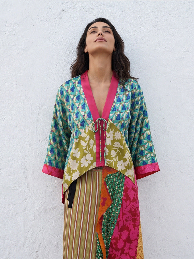 Women's Patchwork Kimono Top made of silk blend with deep V-neck and tie belt Mune Fashion