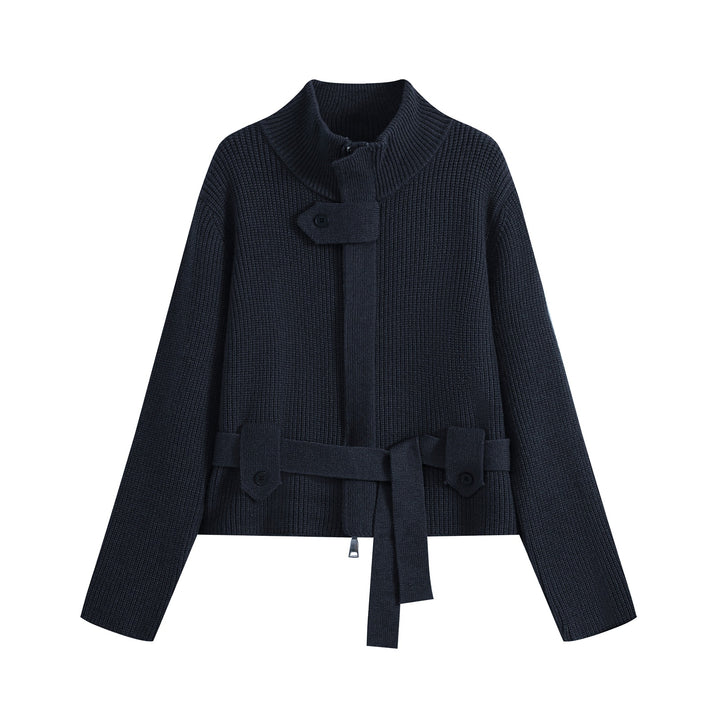 Women's cardigan with stand collar, zipper and waist tie belt Mune Fashion