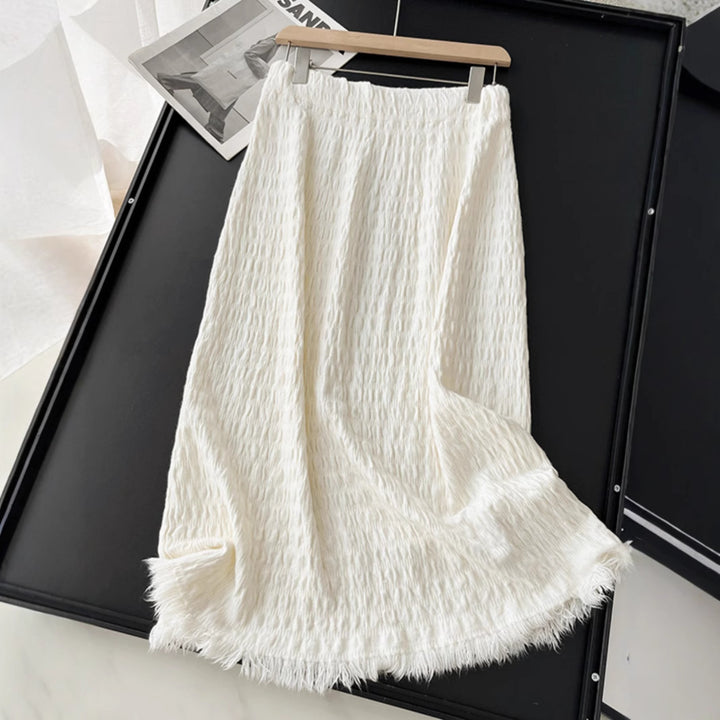 Women's Long Knit Skirt with Fringed Hem and Textured Design Mune Fashion