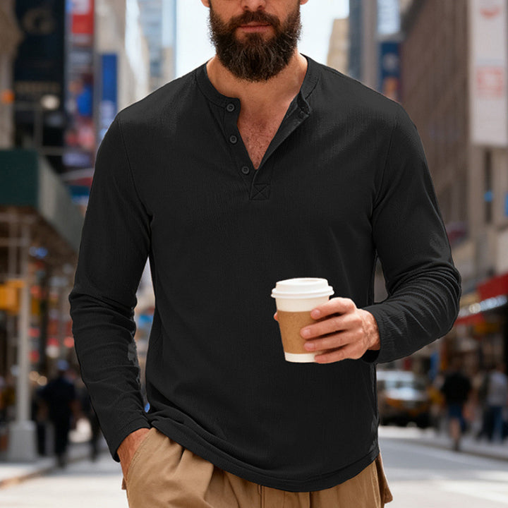 Men's nan Thermo-Henley-Long Sleeve Shirt with Waffle Structure, Round Neckline and Button Placket Mune Fashion