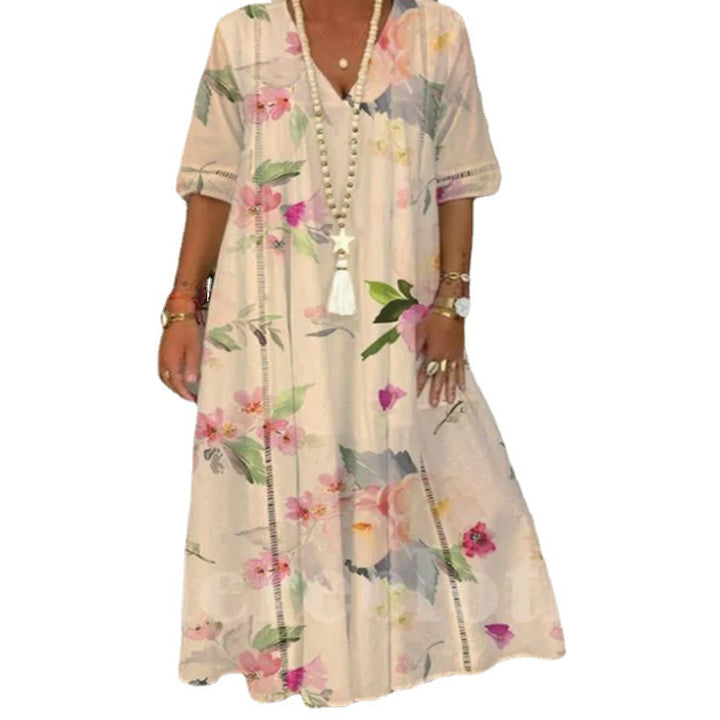 Ladies nan locker flowing Kaftan midimax dress with V-neck, openwork panels and lightweight linen blend quality Mune Fashion