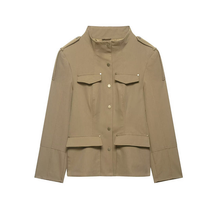 Women's Utility Safari Jacket with Stand Collar, Applied Flap Pockets and Epaulettes Mune Fashion