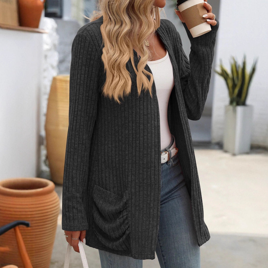 Women's ribbed long cardigan with raw edges, pockets, and relaxed fit Mune Fashion