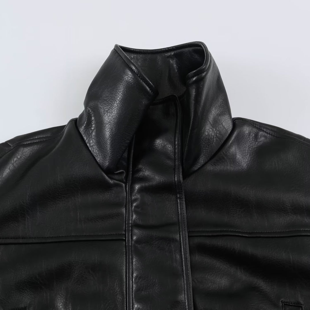 Women's Oversized Leather Look Blouson Jacket with Stand-up Collar and Elastic Hem Mune Fashion