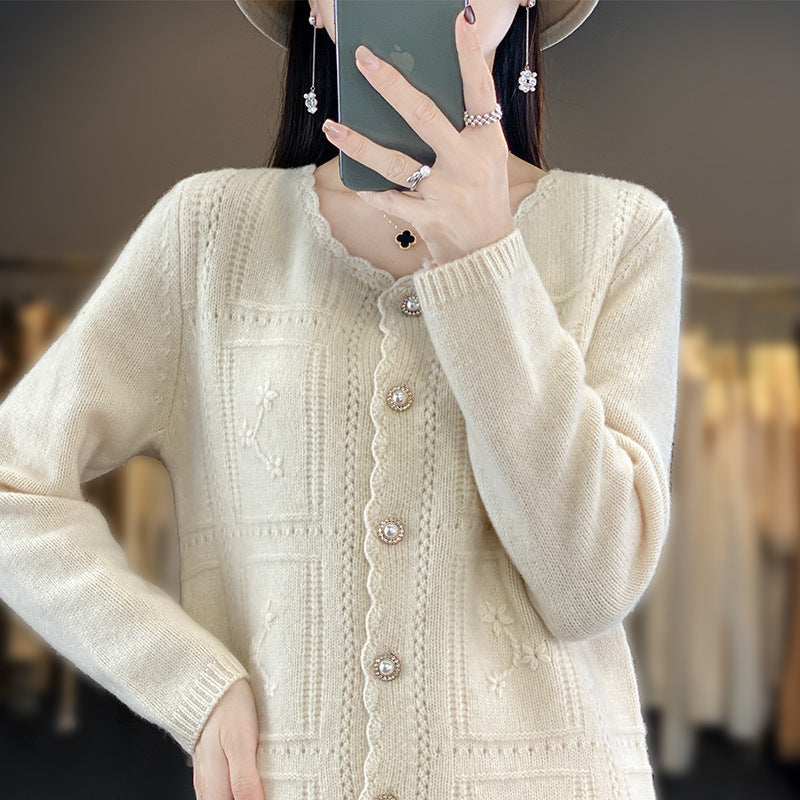 Ladies Embellished Knit Cardigan with Pearl Buttons and Openwork Embroidery Mune Fashion