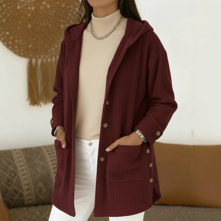 Women's Long Hooded Knitted Cardigan with Ribbed Texture, Button Placket and Side Pockets Mune Fashion