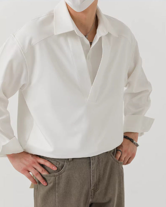 Men's shirt sweater in oversized cut with deep V-neck and classic collar Mune Fashion