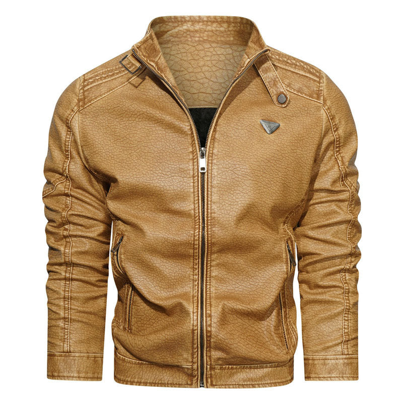 Men's faux leather jacket in vintage denim look with gathered sleeves and stand-up collar Mune Fashion