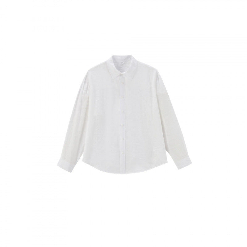 Women's Loose Textured Linen-Cotton Shirt with Kent Collar and Rounded Hem Mune Fashion