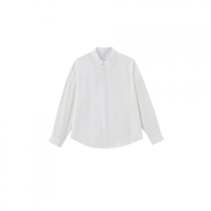 Women's Loose Textured Linen-Cotton Shirt with Kent Collar and Rounded Hem Mune Fashion