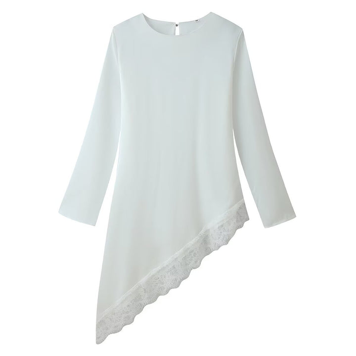 Women Asymmetric Tunic Blouse with Lace Trim and Wide Sleeve Mune Fashion