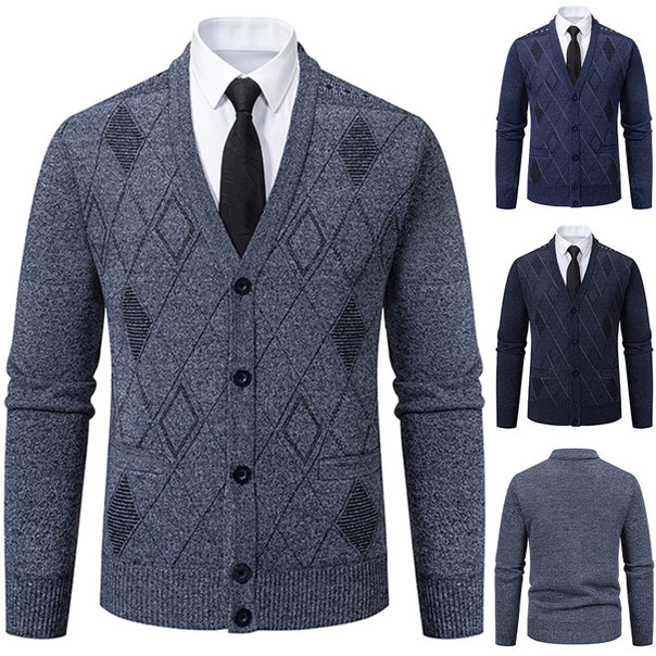 Men's fine knit cardigan with diamond pattern, button placket, and insert pockets Mune Fashion
